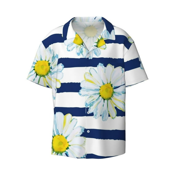 Xecao offers the Daisy Striped Nautical for Men's Casual Short-sleeved Shirt, a button-up collared shirt with a pocket, perfect for beach vacations and yacht travel in the XX-Large size.