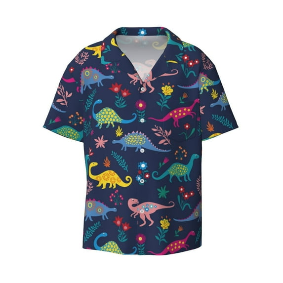 Xecao offers the Dinosaur Flowers for Men's Casual Short-sleeved Shirt, a button-up collared shirt with a pocket, perfect for beach vacations and yacht travel in the Medium size.