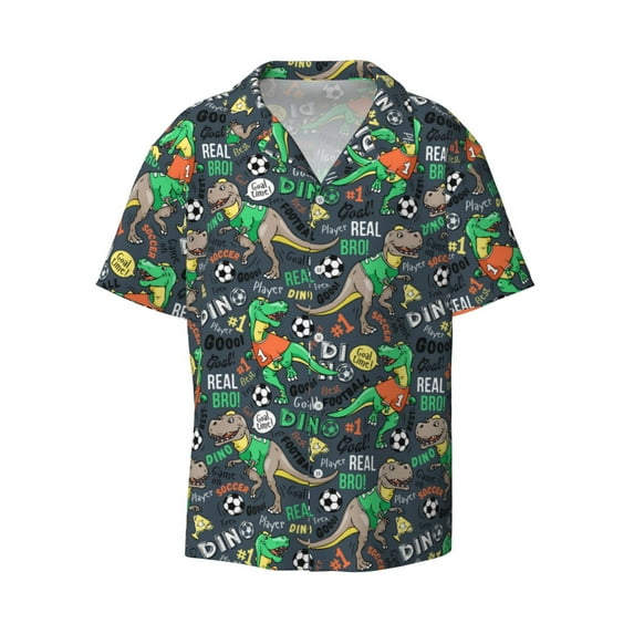 Xecao offers the Dinosaur Plays Soccer for Men's Casual Short-sleeved Shirt, a button-up collared shirt with a pocket, perfect for beach vacations and yacht travel in the 3X-Large size.