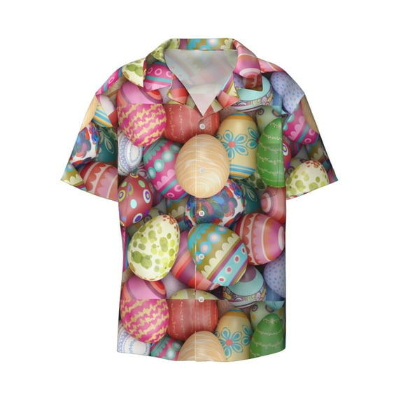 Xecao offers the Easter Eggs for Men's Casual Short-sleeved Shirt, a button-up collared shirt with a pocket, perfect for beach vacations and yacht travel in the Large size.