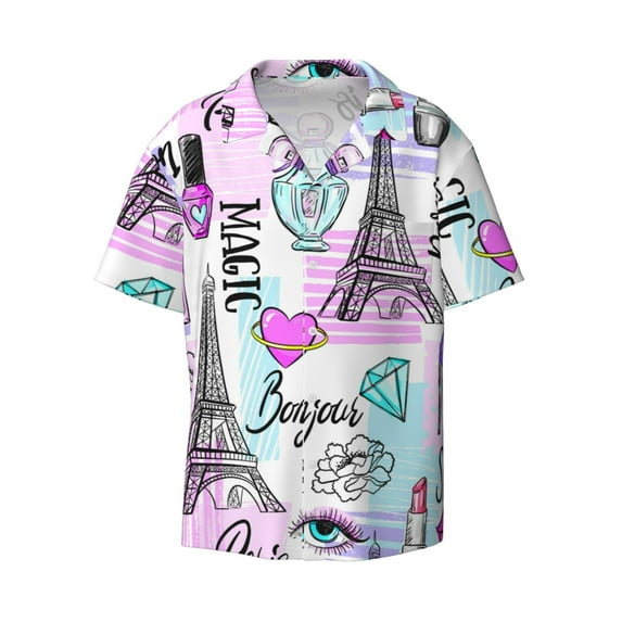 Xecao offers the Eiffel Tower and Hearts for Men's Casual Short-sleeved Shirt, a button-up collared shirt with a pocket, perfect for beach vacations and yacht travel in the XX-Large size.