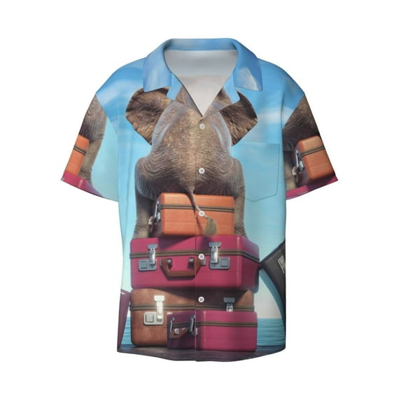 Xecao offers the Elephant Sits for Men's Casual Short-sleeved Shirt, a button-up collared shirt with a pocket, perfect for beach vacations and yacht travel in the Medium size.