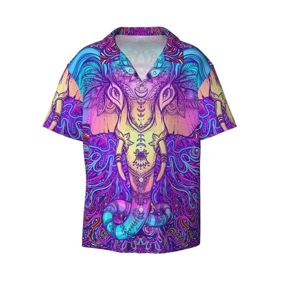 Xecao offers the Elephant in Tribal Style for Men's Casual Short-sleeved Shirt, a button-up collared shirt with a pocket, perfect for beach vacations and yacht travel in the Medium size.