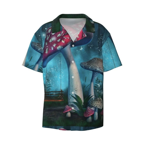 Xecao offers the Fantasy Mushrooms for Men's Casual Short-sleeved Shirt, a button-up collared shirt with a pocket, perfect for beach vacations and yacht travel in the 4X-Large size.