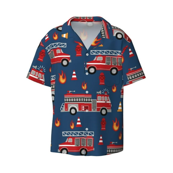 Xecao offers the Fire Truck 1 for Men's Casual Short-sleeved Shirt, a button-up collared shirt with a pocket, perfect for beach vacations and yacht travel in the XX-Large size.
