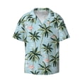 thumbnail image 1 of Xecao offers the Flamingos And Palms for Men's Casual Short-sleeved Shirt, a button-up collared shirt with a pocket, perfect for beach vacations and yacht travel in the Small size., 1 of 7