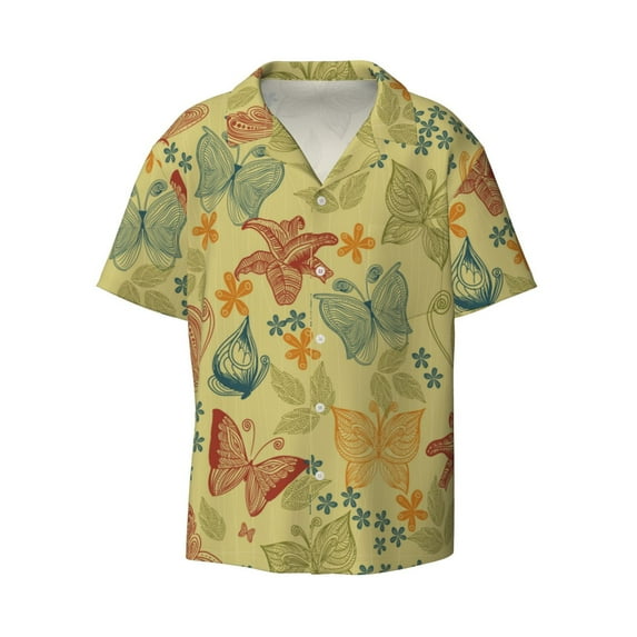 Xecao offers the Floral with Butterflies for Men's Casual Short-sleeved Shirt, a button-up collared shirt with a pocket, perfect for beach vacations and yacht travel in the 4X-Large size.