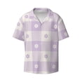 thumbnail image 1 of Xecao offers the Floral Purple Buffalo Plaid for Men's Casual Short-sleeved Shirt, a button-up collared shirt with a pocket, perfect for beach vacations and yacht travel in the 4X-Large size., 1 of 7