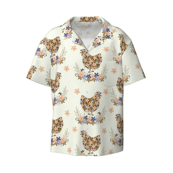 Xecao offers the Flower Chicken for Men's Casual Short-sleeved Shirt, a button-up collared shirt with a pocket, perfect for beach vacations and yacht travel in the X-Large size.