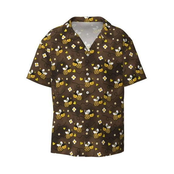 Xecao offers the Flying Furry Honey Bees for Men's Casual Short-sleeved Shirt, a button-up collared shirt with a pocket, perfect for beach vacations and yacht travel in the 4X-Large size.