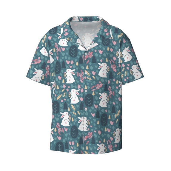 Xecao offers the Forest Rabbit for Men's Casual Short-sleeved Shirt, a button-up collared shirt with a pocket, perfect for beach vacations and yacht travel in the Small size.