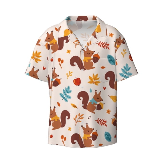 Xecao offers the Forest Squirrel Nuts for Men's Casual Short-sleeved Shirt, a button-up collared shirt with a pocket, perfect for beach vacations and yacht travel in the 4X-Large size.