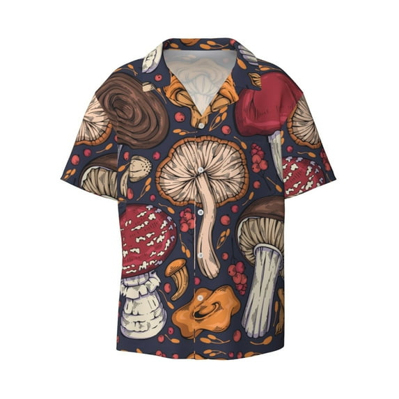 Xecao offers the Forest Wild Mushroom for Men's Casual Short-sleeved Shirt, a button-up collared shirt with a pocket, perfect for beach vacations and yacht travel in the 3X-Large size.