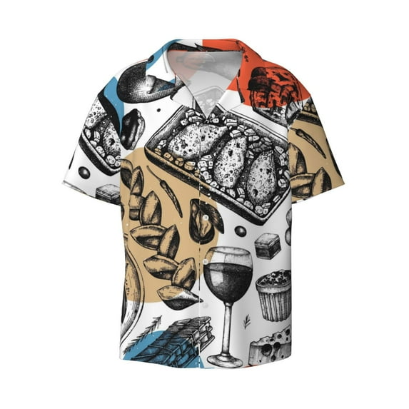 Xecao offers the French Food for Men's Casual Short-sleeved Shirt, a button-up collared shirt with a pocket, perfect for beach vacations and yacht travel in the Medium size.