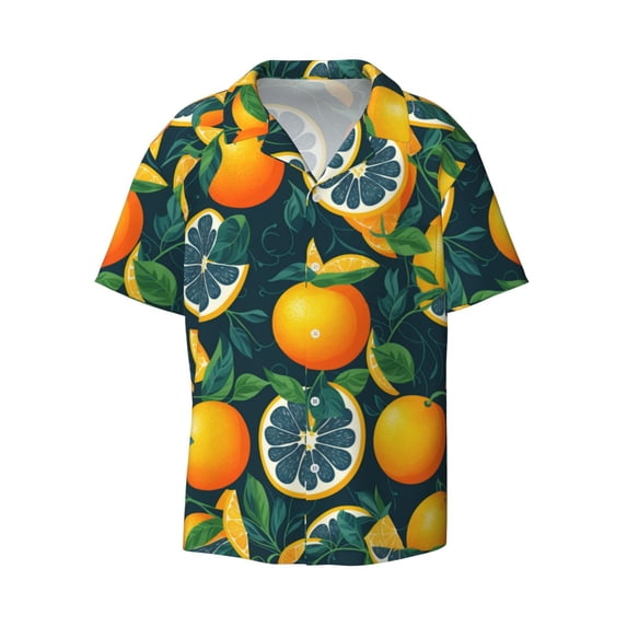Xecao offers the Fresh Orange for Men's Casual Short-sleeved Shirt, a button-up collared shirt with a pocket, perfect for beach vacations and yacht travel in the XX-Large size.