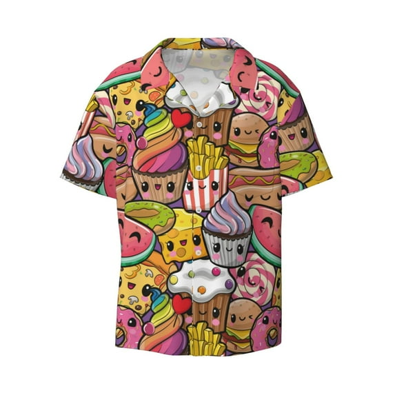 Xecao offers the Fruit-Flavored Ice-Cream for Men's Casual Short-sleeved Shirt, a button-up collared shirt with a pocket, perfect for beach vacations and yacht travel in the Medium size.
