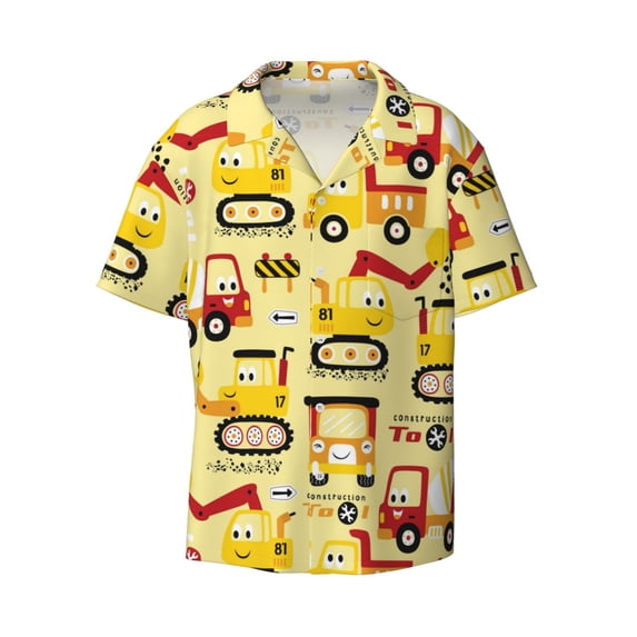 Xecao offers the Funny Construction Vehicles for Men's Casual Short-sleeved Shirt, a button-up collared shirt with a pocket, perfect for beach vacations and yacht travel in the 3X-Large size.