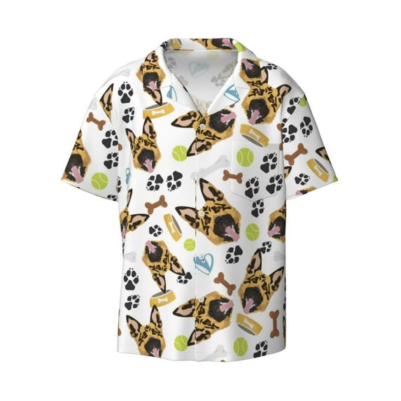 Xecao offers the German Shepherd Dog for Men's Casual Short-sleeved Shirt, a button-up collared shirt with a pocket, perfect for beach vacations and yacht travel in the Large size.