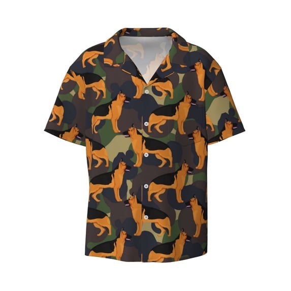 Xecao offers the German Shepherd Dog for Men's Casual Short-sleeved Shirt, a button-up collared shirt with a pocket, perfect for beach vacations and yacht travel in the Medium size.