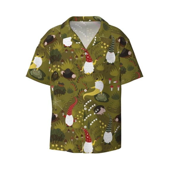 Xecao offers the Gnomes Playing in the Garden for Men's Casual Short-sleeved Shirt, a button-up collared shirt with a pocket, perfect for beach vacations and yacht travel in the XX-Large size.