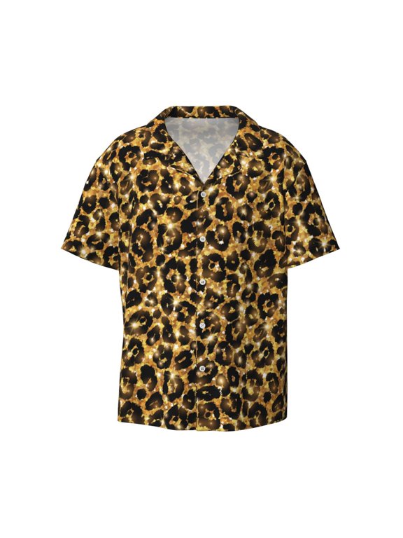 offers the Gold Glitter Leopard for Men's Casual Short-sleeved Shirt, a button-up collared shirt with a pocket, perfect for beach vacations and yacht travel in the Medium size.
