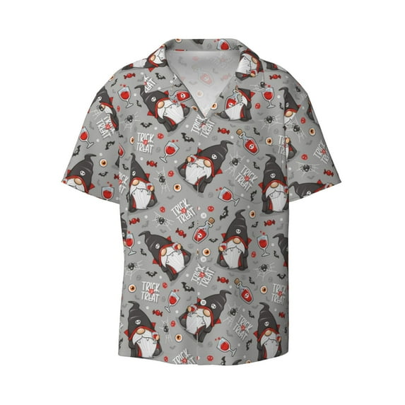 Xecao offers the Halloween Gnome for Men's Casual Short-sleeved Shirt, a button-up collared shirt with a pocket, perfect for beach vacations and yacht travel in the XX-Large size.