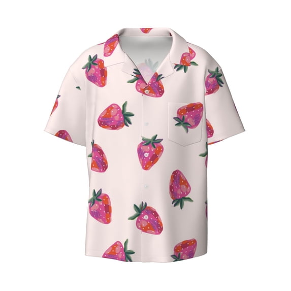Xecao offers the Hand Drawn Strawberry for Men's Casual Short-sleeved Shirt, a button-up collared shirt with a pocket, perfect for beach vacations and yacht travel in the 3X-Large size.
