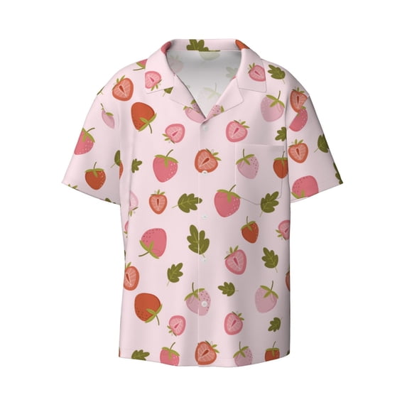 Xecao offers the Hand Drawn Strawberry for Men's Casual Short-sleeved Shirt, a button-up collared shirt with a pocket, perfect for beach vacations and yacht travel in the Small size.