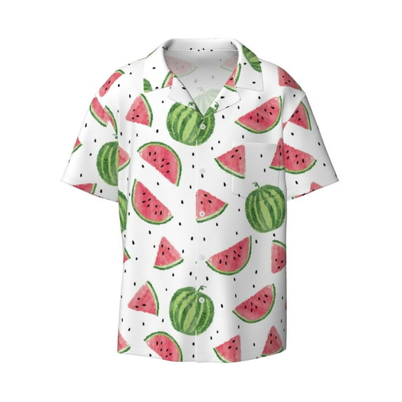 Xecao offers the Hand Drawn Watermelon for Men's Casual Short-sleeved Shirt, a button-up collared shirt with a pocket, perfect for beach vacations and yacht travel in the XX-Large size.