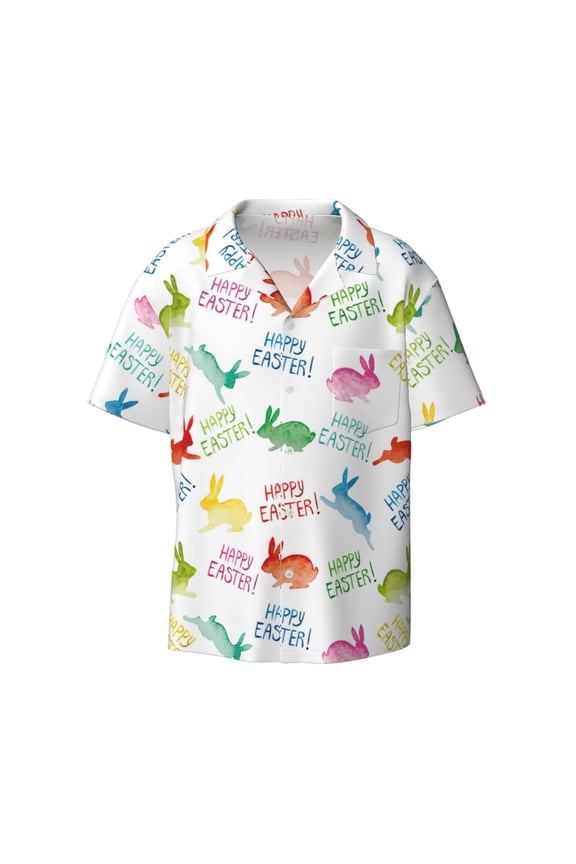 offers the Happy Easter Rabbit for Men's Casual Short-sleeved Shirt, a button-up collared shirt with a pocket, perfect for beach vacations and yacht travel in the Large size.