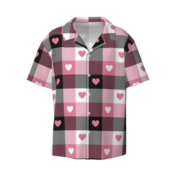 Xecao offers the Heart Plaid for Men's Casual Short-sleeved Shirt, a button-up collared shirt with a pocket, perfect for beach vacations and yacht travel in the Small size.