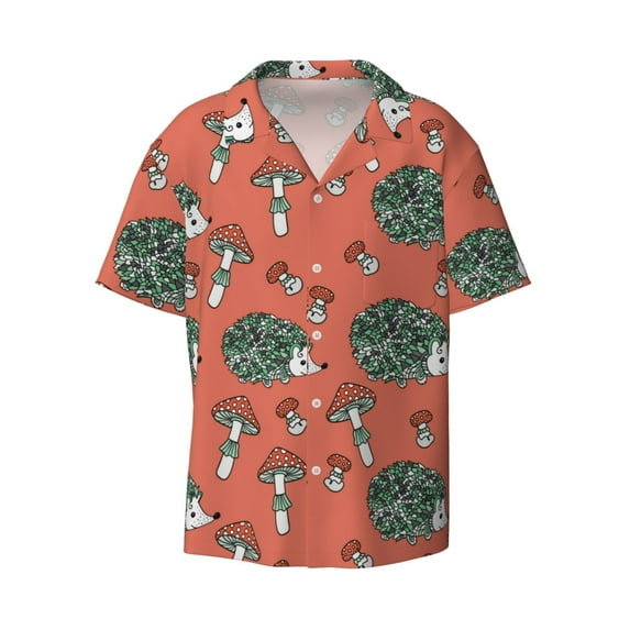 Xecao offers the Hedgehog Mushroom for Men's Casual Short-sleeved Shirt, a button-up collared shirt with a pocket, perfect for beach vacations and yacht travel in the Large size.