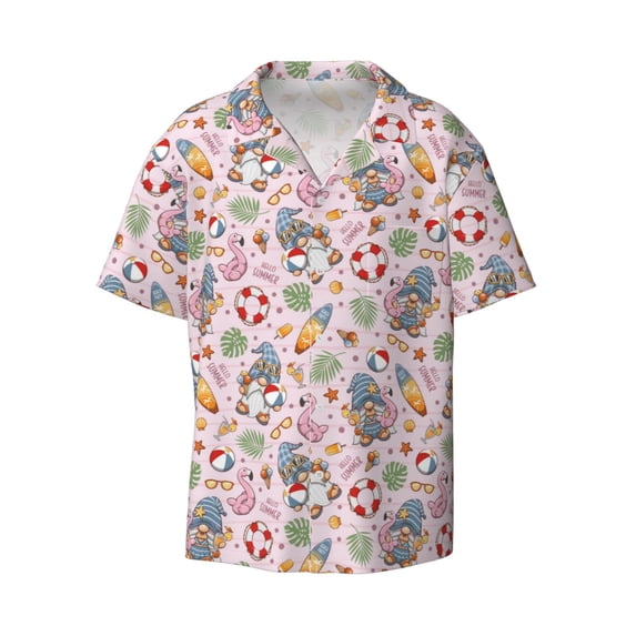 Xecao offers the Hello Summer With Gnome for Men's Casual Short-sleeved Shirt, a button-up collared shirt with a pocket, perfect for beach vacations and yacht travel in the Large size.