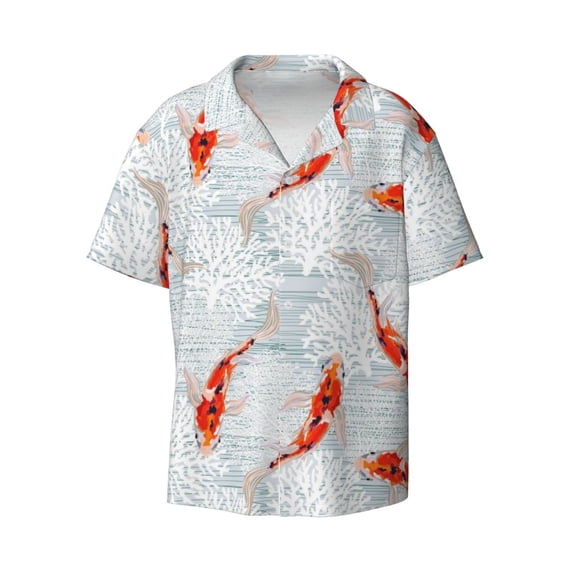 Xecao offers the Koi Fish Corals,Spring Summer for Men's Casual Short-sleeved Shirt, a button-up collared shirt with a pocket, perfect for beach vacations and yacht travel in the Large size.