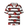 thumbnail image 1 of Xecao offers the Ladybugs on Black and White Striped1 for Men's Casual Short-sleeved Shirt, a button-up collared shirt with a pocket, perfect for beach vacations and yacht travel in the Medium size., 1 of 1