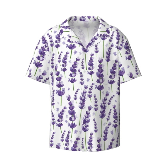 Xecao offers the Lavender Flowers for Men's Casual Short-sleeved Shirt, a button-up collared shirt with a pocket, perfect for beach vacations and yacht travel in the 3X-Large size.