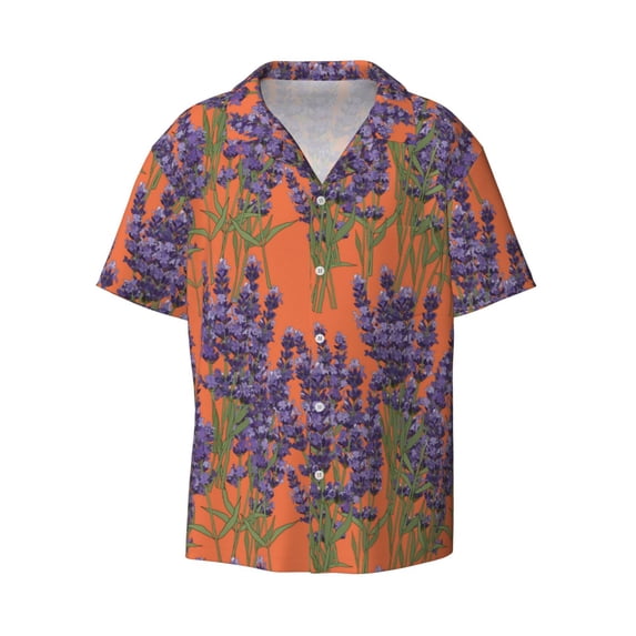 Xecao offers the Lavender Flowers for Men's Casual Short-sleeved Shirt, a button-up collared shirt with a pocket, perfect for beach vacations and yacht travel in the 4X-Large size.