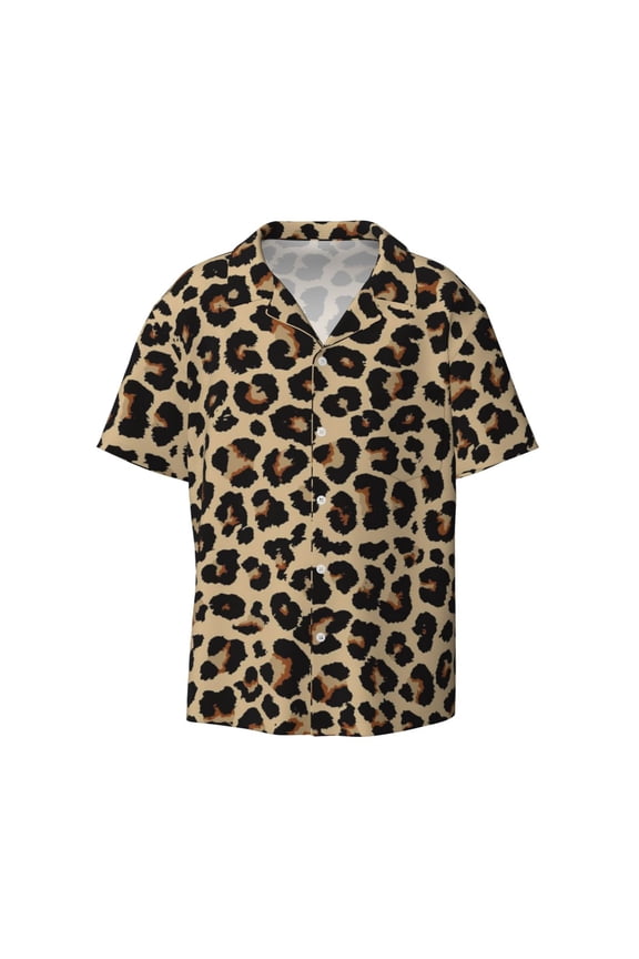 offers the Leopard Print-1 for Men's Casual Short-sleeved Shirt, a button-up collared shirt with a pocket, perfect for beach vacations and yacht travel in the Large size.