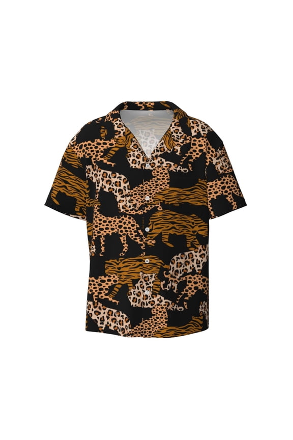 offers the Leopard Print for Men's Casual Short-sleeved Shirt, a button-up collared shirt with a pocket, perfect for beach vacations and yacht travel in the Small size.
