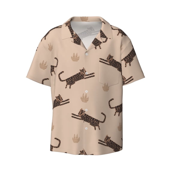 Xecao offers the Leopard Print for Men's Casual Short-sleeved Shirt, a button-up collared shirt with a pocket, perfect for beach vacations and yacht travel in the XX-Large size.