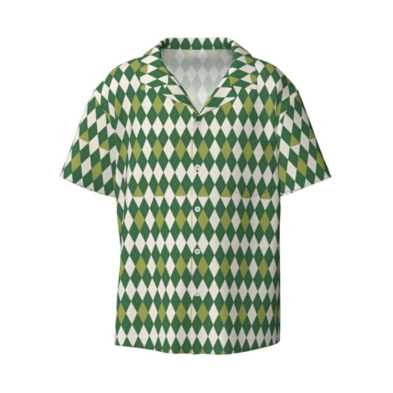 Xecao offers the Light Green Squares for Men's Casual Short-sleeved Shirt, a button-up collared shirt with a pocket, perfect for beach vacations and yacht travel in the 3X-Large size.