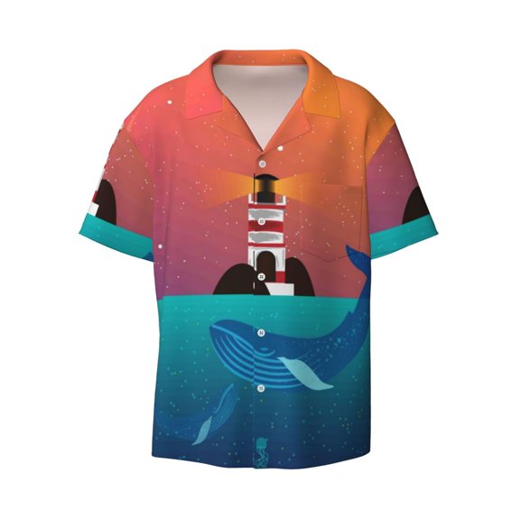 Xecao offers the Lighthouse and Whale for Men's Casual Short-sleeved Shirt, a button-up collared shirt with a pocket, perfect for beach vacations and yacht travel in the Small size.