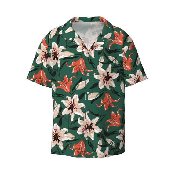 Xecao offers the Lilies Flowers for Men's Casual Short-sleeved Shirt, a button-up collared shirt with a pocket, perfect for beach vacations and yacht travel in the Large size.
