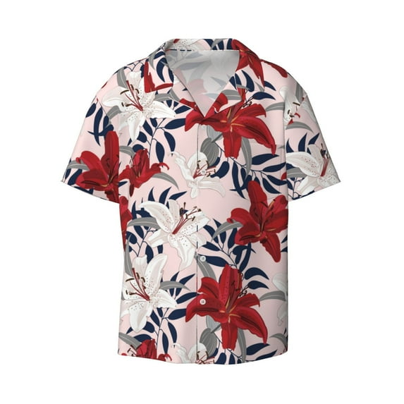 Xecao offers the Lilies Flowers for Men's Casual Short-sleeved Shirt, a button-up collared shirt with a pocket, perfect for beach vacations and yacht travel in the Large size.