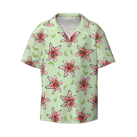 Xecao offers the Lilies Flowers for Men's Casual Short-sleeved Shirt, a button-up collared shirt with a pocket, perfect for beach vacations and yacht travel in the Medium size.
