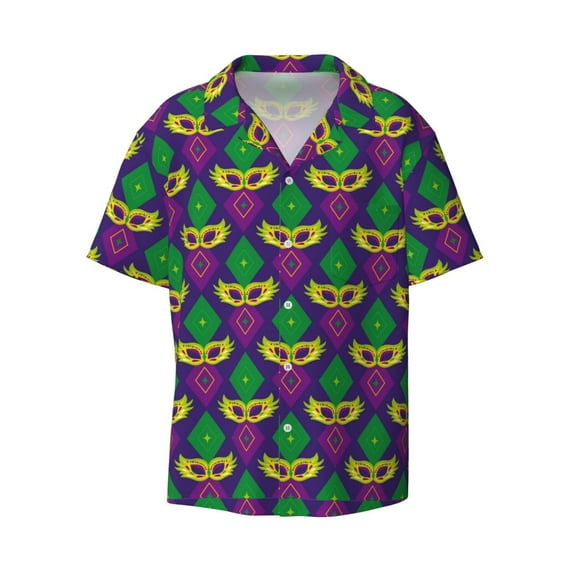 Xecao offers the Mardi Gras Carnival3 for Men's Casual Short-sleeved Shirt, a button-up collared shirt with a pocket, perfect for beach vacations and yacht travel in the 3X-Large size.