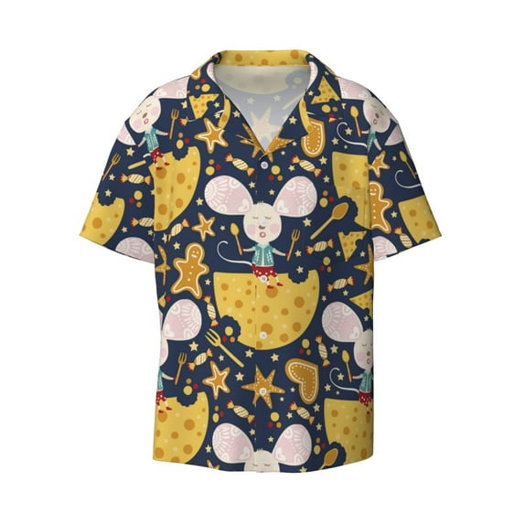 Xecao offers the Mouse Cheese for Men's Casual Short-sleeved Shirt, a button-up collared shirt with a pocket, perfect for beach vacations and yacht travel in the Large size.