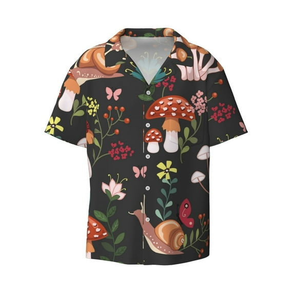 Xecao offers the Mushroom With Snails for Men's Casual Short-sleeved Shirt, a button-up collared shirt with a pocket, perfect for beach vacations and yacht travel in the XX-Large size.
