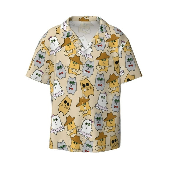 Xecao offers the Music Dancing Cat for Men's Casual Short-sleeved Shirt, a button-up collared shirt with a pocket, perfect for beach vacations and yacht travel in the 4X-Large size.