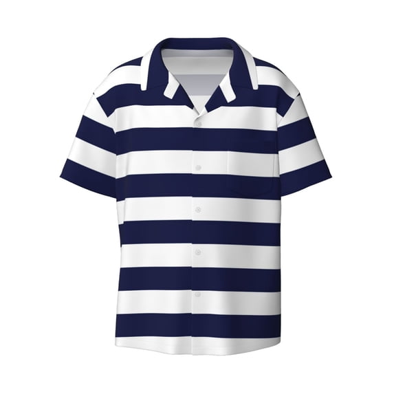 Xecao offers the Navy Blue And White Stripes for Men's Casual Short-sleeved Shirt, a button-up collared shirt with a pocket, perfect for beach vacations and yacht travel in the Medium size.